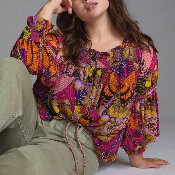 Anthropologie‎ Alexandra Farmer Puff Sleeve Butterfly Blouse Pink Size XS - Picture 1 of 10